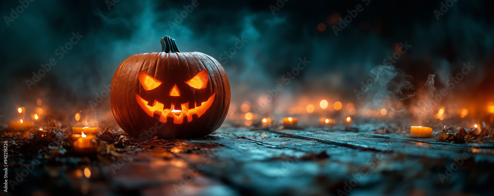 Halloween pumpkin jack-o'-lantern on a wooden table against a foggy background, with space for design and product presentation. Halloween pumpkin jack-o'-lantern on a wooden table against a foggy background, with space for design and product presentation.