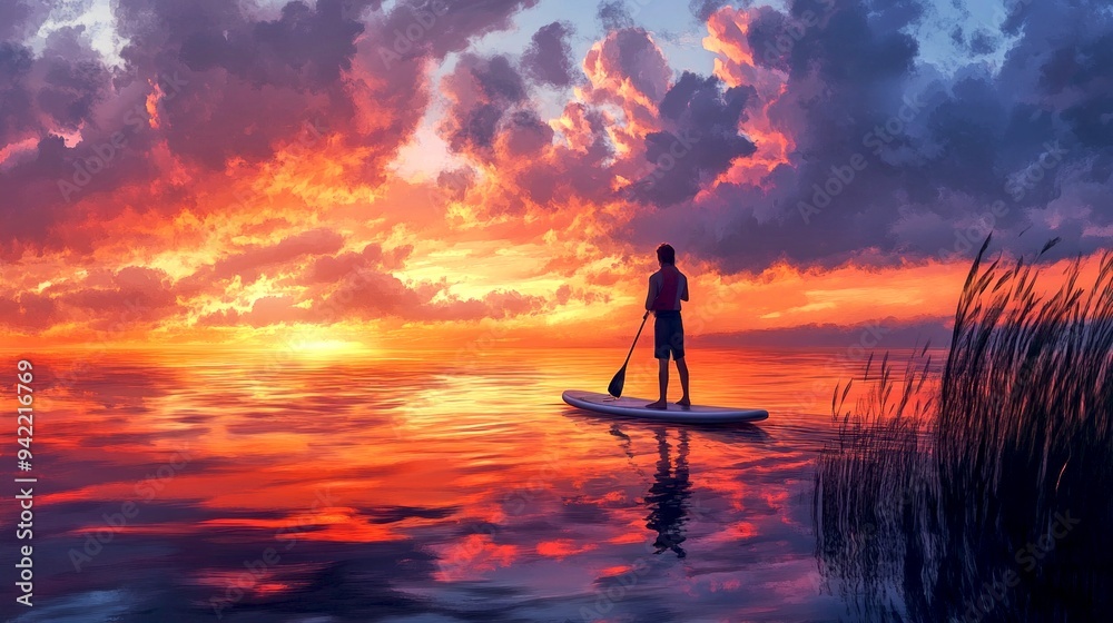 A person paddle boarding at sunset. Vibrant colors fill the sky and water. A serene and calming scene perfect for relaxation or adventure. Captured during golden hour. AI A person paddle boarding at sunset. Vibrant colors fill the sky and water. A serene and calming scene perfect for relaxation or adventure. Captured during golden hour. AI