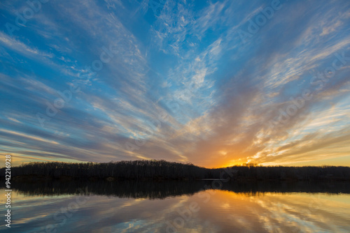 Sunset over lake, Stephen A. Forbes State Park, Marion County, Illinois. photo