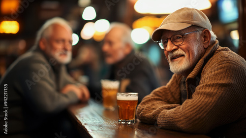 elderly men drinking beer in a pub