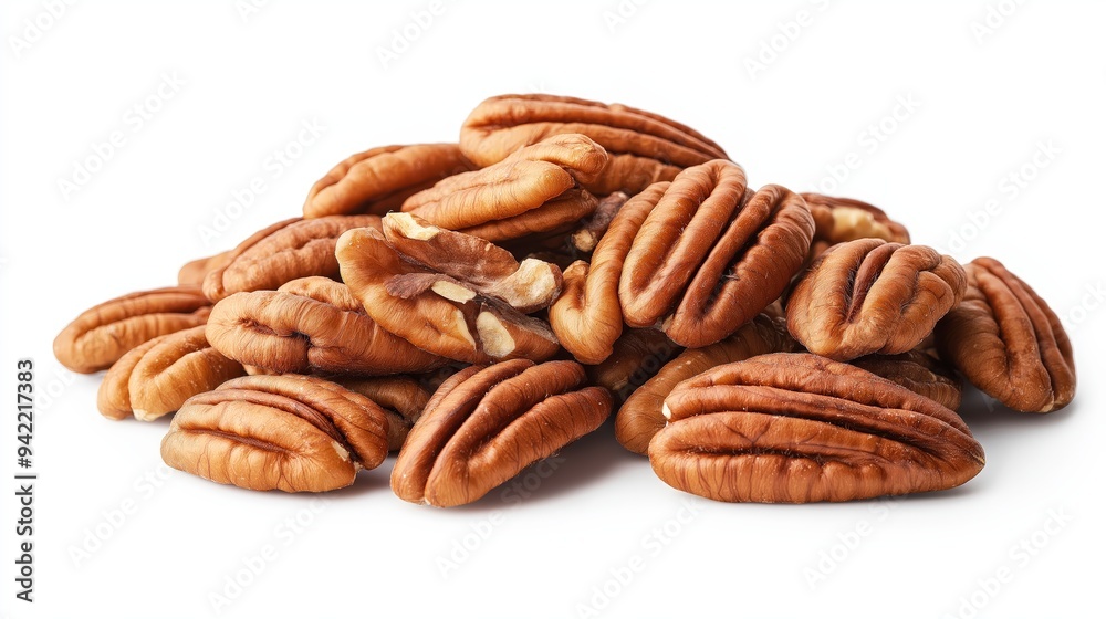 A pile of pecan nuts arranged on a white background. A pile of pecan nuts arranged on a white background.