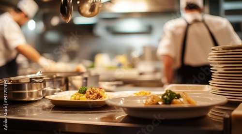 Fototapeta Naklejka Na Ścianę i Meble -  In a bustling restaurant kitchen, chefs skillfully prepare delicious meals among pots and pans, showcasing their culinary creativity and teamwork at the heart of the culinary arts