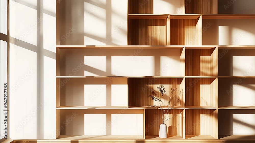 Sunlight casts shadows on an empty wooden shelf. Sunlight casts shadows on an empty wooden shelf.