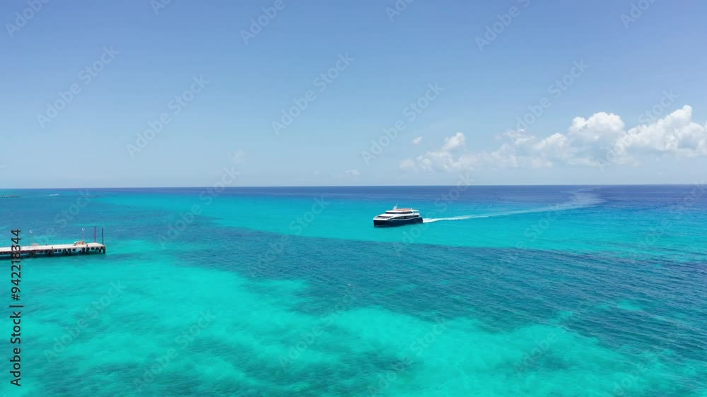 Aerial low panning shot of the Cozumel ferry arriving at the landing in Playa del Carmen, Mexico. 4K Aerial low panning shot of the Cozumel ferry arriving at the landing in Playa del Carmen, Mexico. 4K