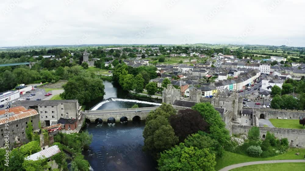 Drone shot over the River Suir in Ireland's town of Cahir. Drone shot over the River Suir in Ireland's town of Cahir.