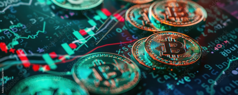 custom made wallpaper toronto digitalClose-up of Bitcoin coins on a digital stock market graph background, representing cryptocurrency trading and financial investment.