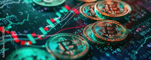 Wallpaper Mural Close-up of Bitcoin coins on a digital stock market graph background, representing cryptocurrency trading and financial investment. Torontodigital.ca