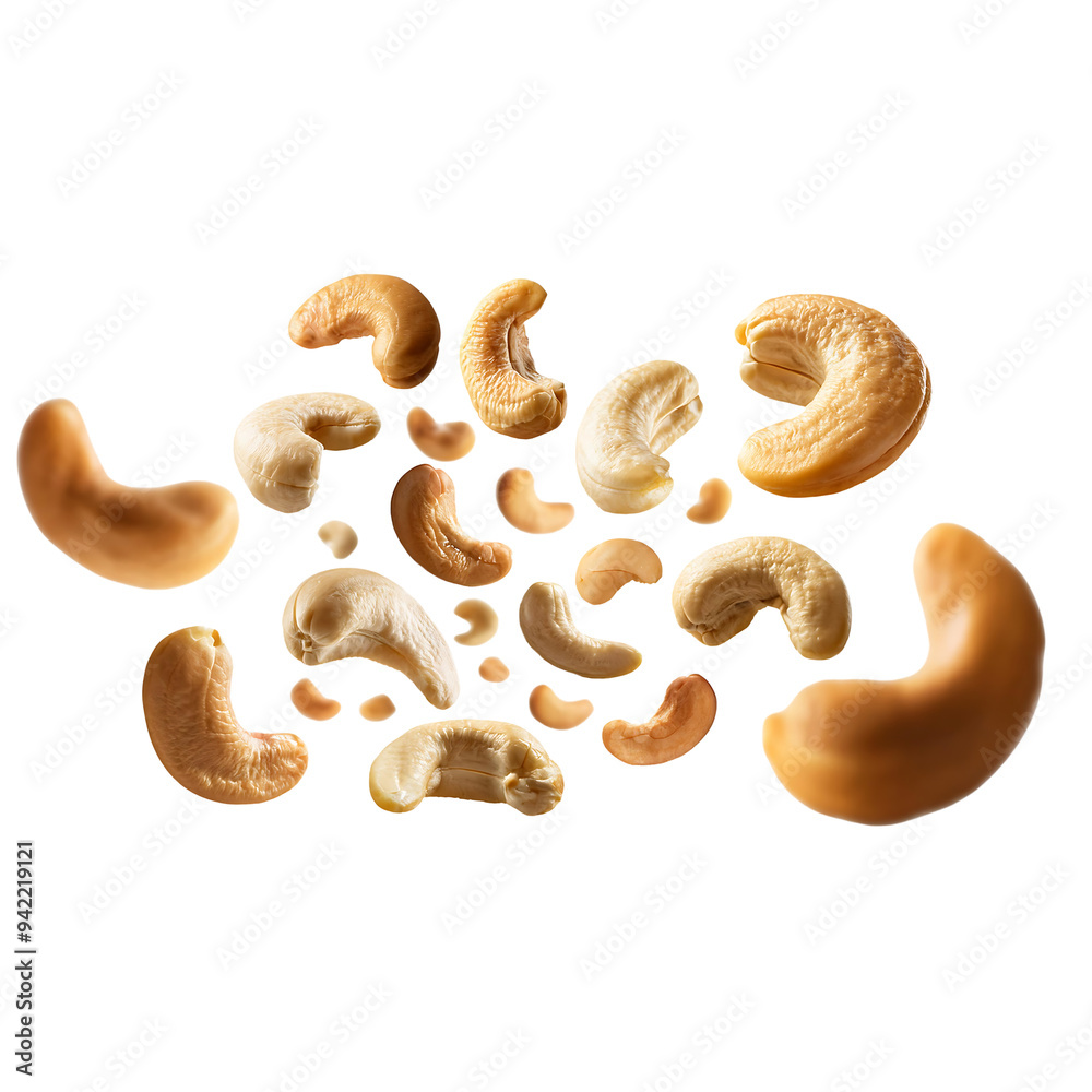 Delectable cashew nuts in the air, cut out Delectable cashew nuts in the air, cut out