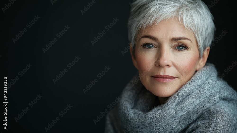 A woman with short gray hair is wearing a gray scarf and smiling A woman with short gray hair is wearing a gray scarf and smiling