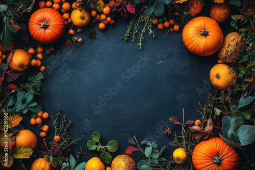 Pumpkins and autumn maple leaves on dark blue background. Thanksgiving day concept. 16x9 banner, copy space.
 photo