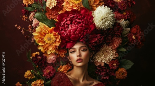 Fototapeta Naklejka Na Ścianę i Meble -  A woman poses gracefully, adorned with a stunning array of large autumn flowers, including peonies and chrysanthemums, against a rich burgundy backdrop that enhances the vibrant colors.