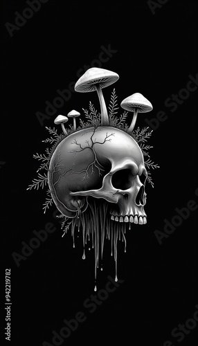Wallpaper Mural An artistic black and white illustration featuring a skull adorned with mushrooms and foliage, perfect for edgy designs, merchandise, or tattoo inspiration. Torontodigital.ca