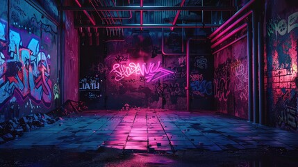 Empty urban alleyway with graffiti walls illuminated by neon light.