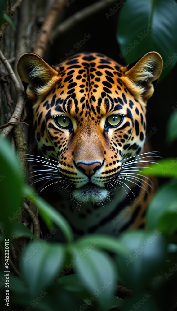 Obraz premium A striking close-up of a jaguar peering through lush foliage, capturing its fierce beauty and natural habitat in vibrant detail.