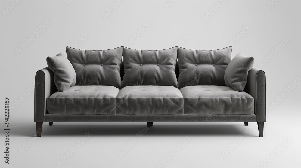 Modern grey sofa with tufted cushions and dark wood legs on white background. Modern grey sofa with tufted cushions and dark wood legs on white background.