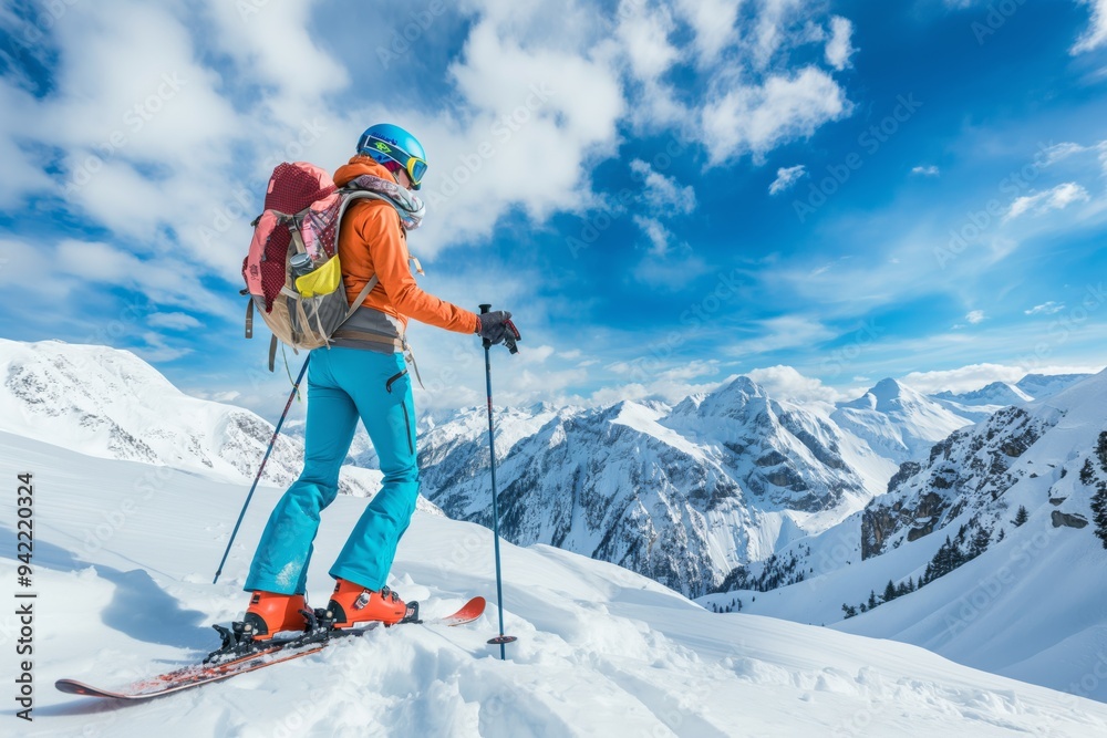 A skier is enjoying a winter vacation in the snowy mountains, providing a mix of fun, relaxation, and adventure. Perfect for travel lovers looking for an active holiday experience A skier is enjoying a winter vacation in the snowy mountains, providing a mix of fun, relaxation, and adventure. Perfect for travel lovers looking for an active holiday experience