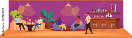 People enjoying their time, smoking hookah and having a drink in a modern shisha bar