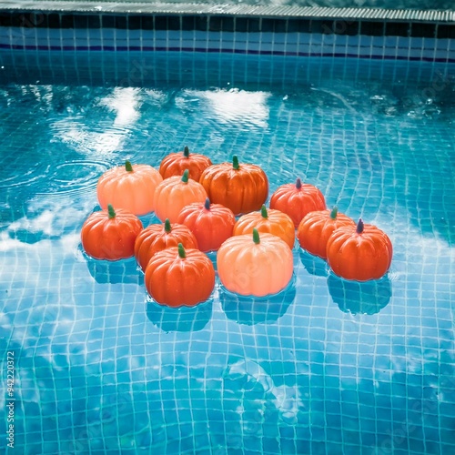 Plastic Pumpkins Floating in a Pool Party Idea