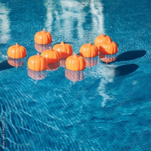 Plastic Pumpkins Floating in a Pool Party Idea