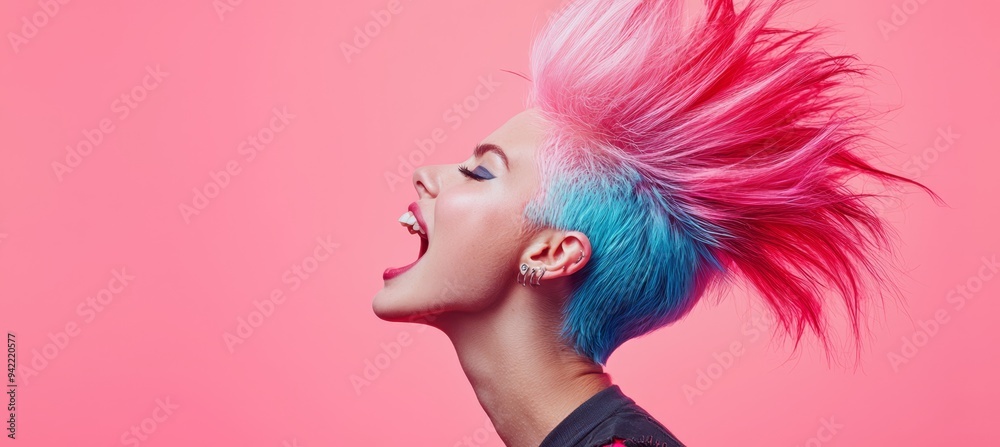 A woman expresses her individuality with a striking pink and blue mohawk, her mouth open in a passionate shout, all framed by a vivid pink backdrop creating a bold visual statement. A woman expresses her individuality with a striking pink and blue mohawk, her mouth open in a passionate shout, all framed by a vivid pink backdrop creating a bold visual statement.