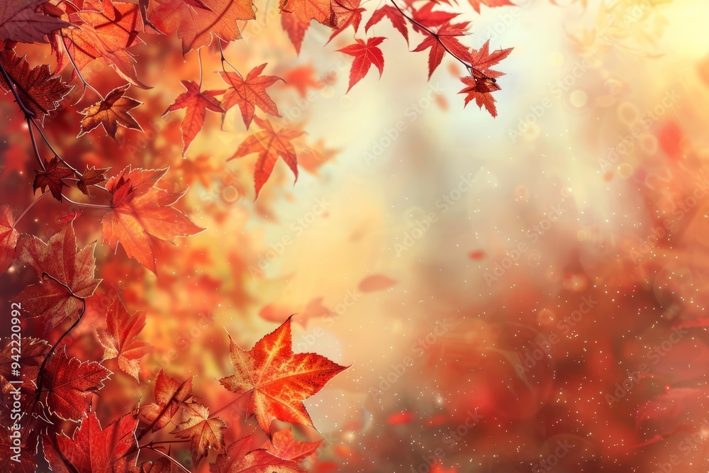 Vivid leaves cascade gently in warm tones, illuminated by soft sunlight, as a tranquil background of golden hues evokes the enchanting spirit of autumn. Vivid leaves cascade gently in warm tones, illuminated by soft sunlight, as a tranquil background of golden hues evokes the enchanting spirit of autumn.