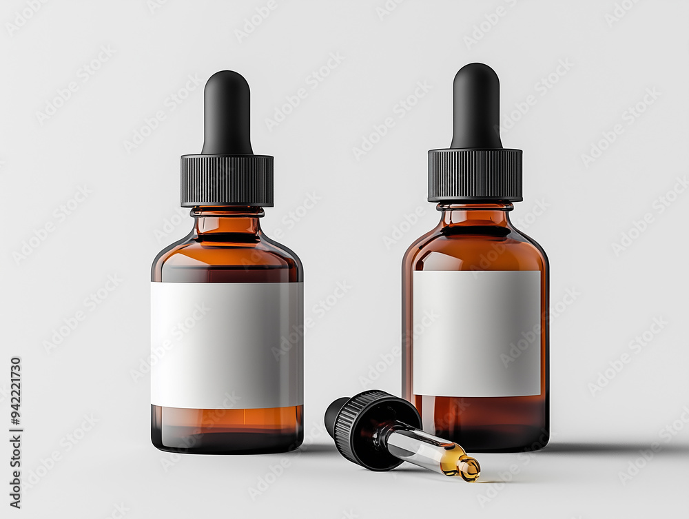 Two amber glass dropper bottles with blank labels containing essential oils set against a minimalist background