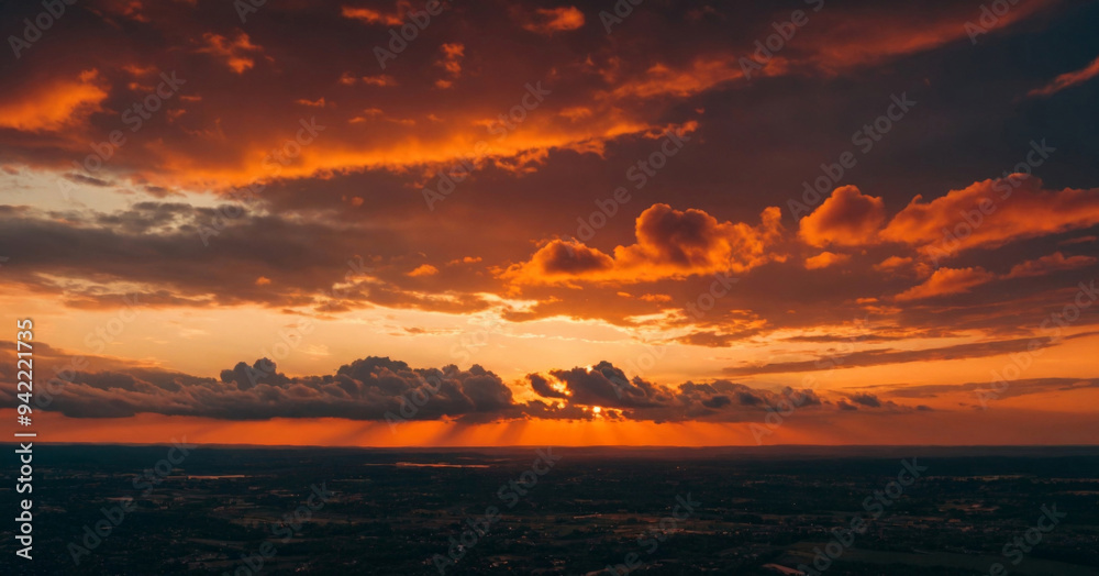 Beautiful Bright Orange Sky with Clouds at Sunset Over Houses Beautiful Bright Orange Sky with Clouds at Sunset Over Houses