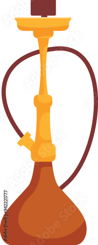 Golden shisha pipe standing on white background, traditional oriental smoking device