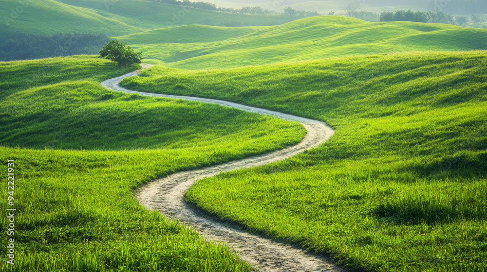 A long, winding road cuts through a lush green field
