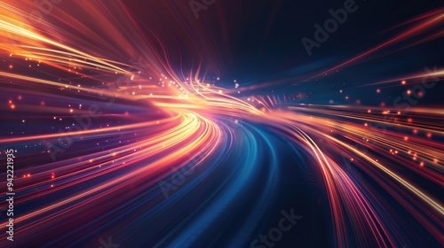 A dynamic background featuring light trails creating an energetic effect