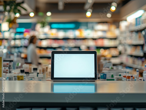 A blank screen on a modern counter surrounded by shelves filled with various products in a well-lit pharmacy during daytime photo