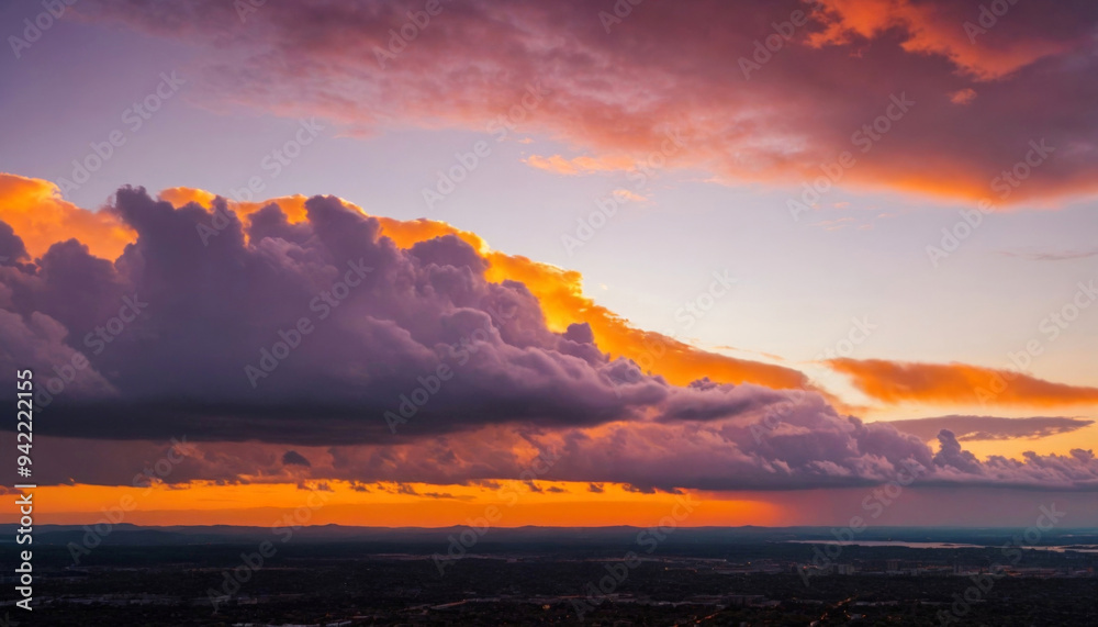 Obraz premium Beautiful Purple and Orange Sky with Clouds at Sunset Over a Landscape