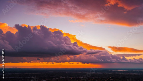 Beautiful Purple and Orange Sky with Clouds at Sunset Over a Landscape
