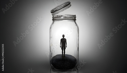 A silhouette of a person trapped inside a glass jar, symbolizing feelings of confinement and limitation.
