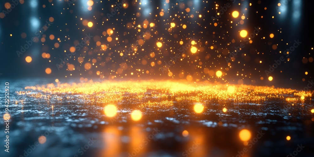 A mesmerizing cascade of golden light particles descends gracefully from an unseen sky at twilight, creating an enchanting atmosphere on a reflective surface A mesmerizing cascade of golden light particles descends gracefully from an unseen sky at twilight, creating an enchanting atmosphere on a reflective surface
