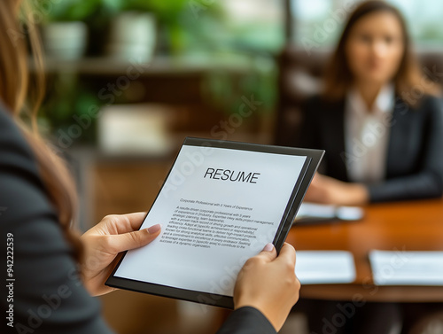 Professional woman presenting a resume during a job interview in a modern office setting