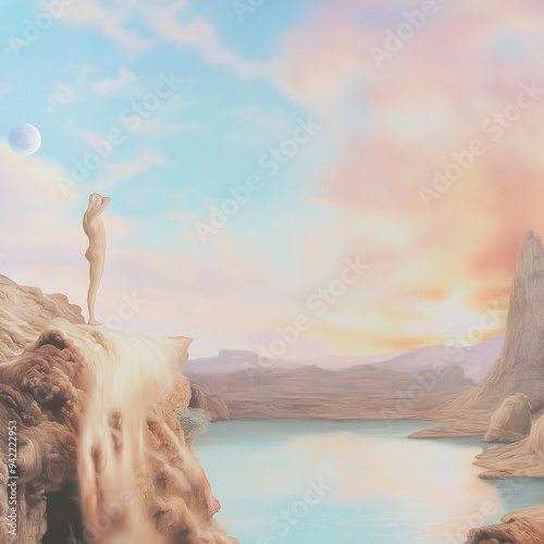 Lonely nude woman contemplating moon from a cliff at sunset digital illustration