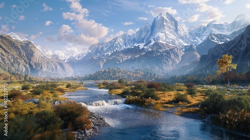 Mountain Stream Flowing Through a Lush Valley on a Sunny Day