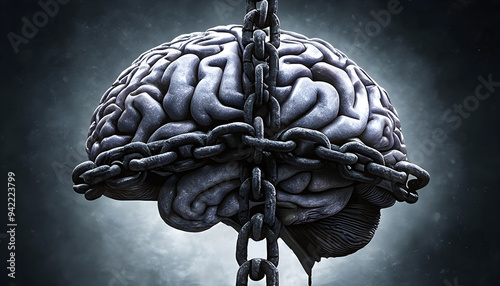 A human brain bound by a chain, symbolizing mental limitations and the struggle for freedom.