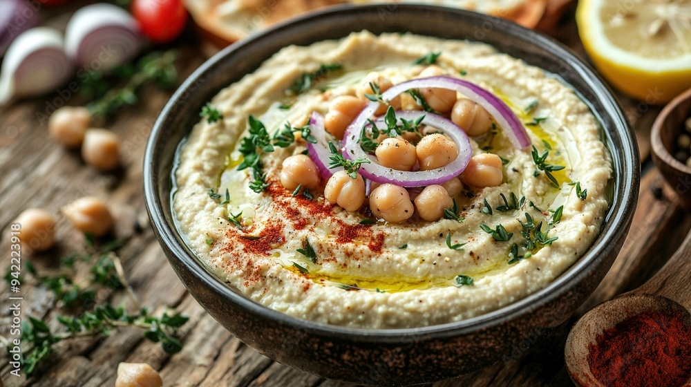 A macro shot of a hummus dip with chopped onion and parsley served on a rustic wooden table, accompanied by a squeezed lemon slice A macro shot of a hummus dip with chopped onion and parsley served on a rustic wooden table, accompanied by a squeezed lemon slice
