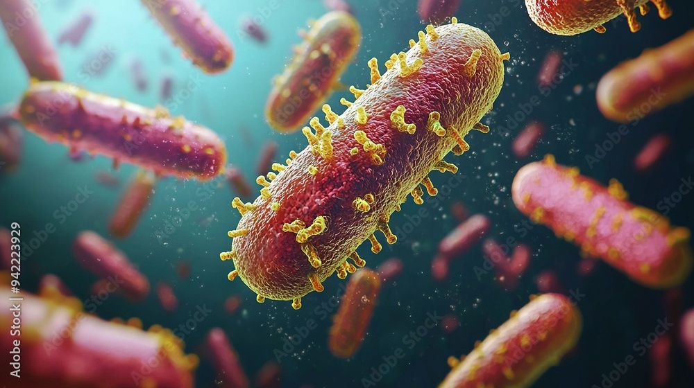 A cluster of red and yellow microbes suspended in a vial of azure and black fluid containing yellow and red substances A cluster of red and yellow microbes suspended in a vial of azure and black fluid containing yellow and red substances
