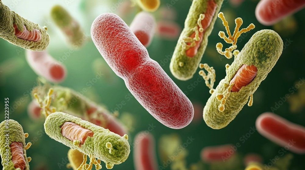 A macro image of a cluster of microbes set against a muted green and white backdrop with a hazy surround A macro image of a cluster of microbes set against a muted green and white backdrop with a hazy surround