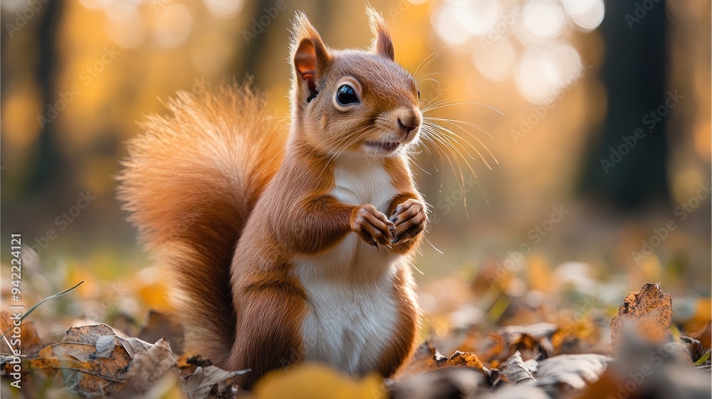 A Red Squirrel Standing on a Bed of Autumn Leaves A Red Squirrel Standing on a Bed of Autumn Leaves