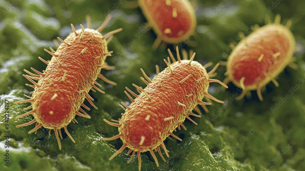   A macro shot of a cluster of microorganisms on foliage with dew drops dangling from the tips