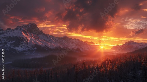 Majestic mountain landscape with golden sunset hues and dramatic clouds