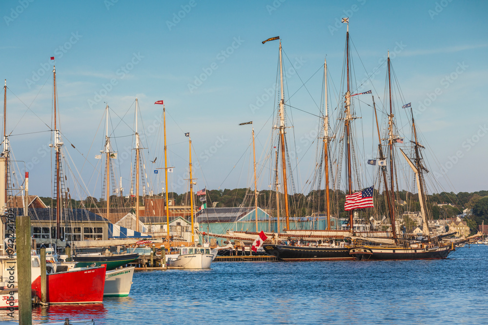 USA, Massachusetts, Cape Ann, Gloucester. Gloucester Schooner Festival, schooners at dusk