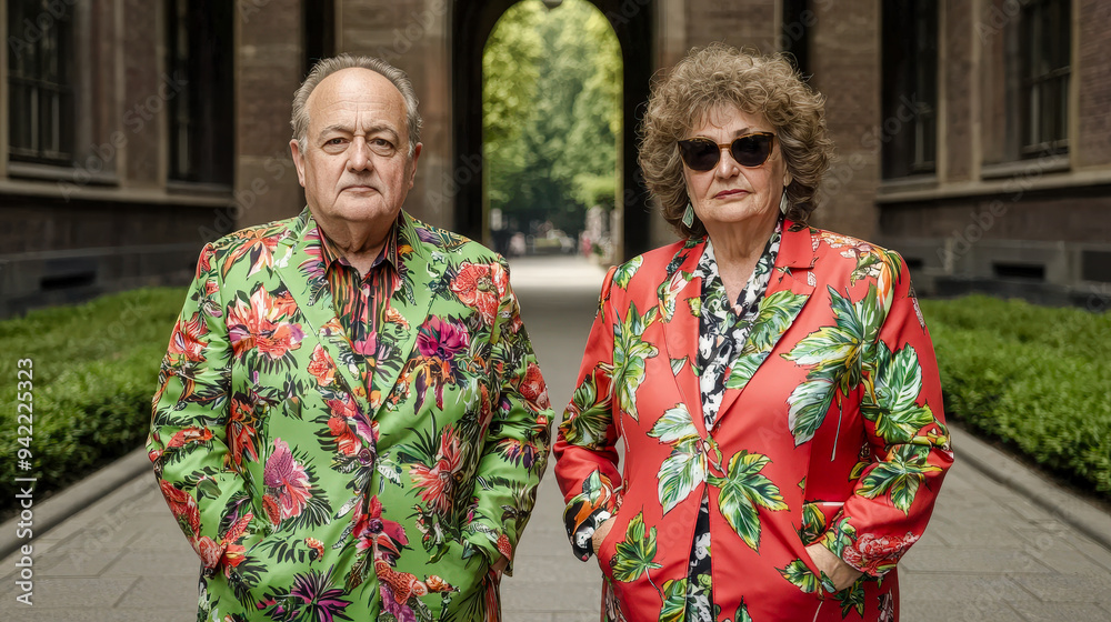 Fototapeta premium Elegance in the City Wealthy Elderly Tourists Dressed in Vibrant Fashion Stroll Through the Urban Streets Exuding Confidence Style, and a Love for Luxurious Travel