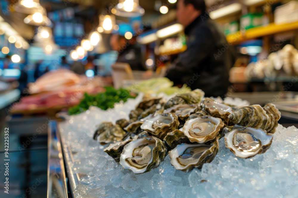 Fresh oysters on ice, fish market on a background. Fresh oysters on ice, fish market on a background.