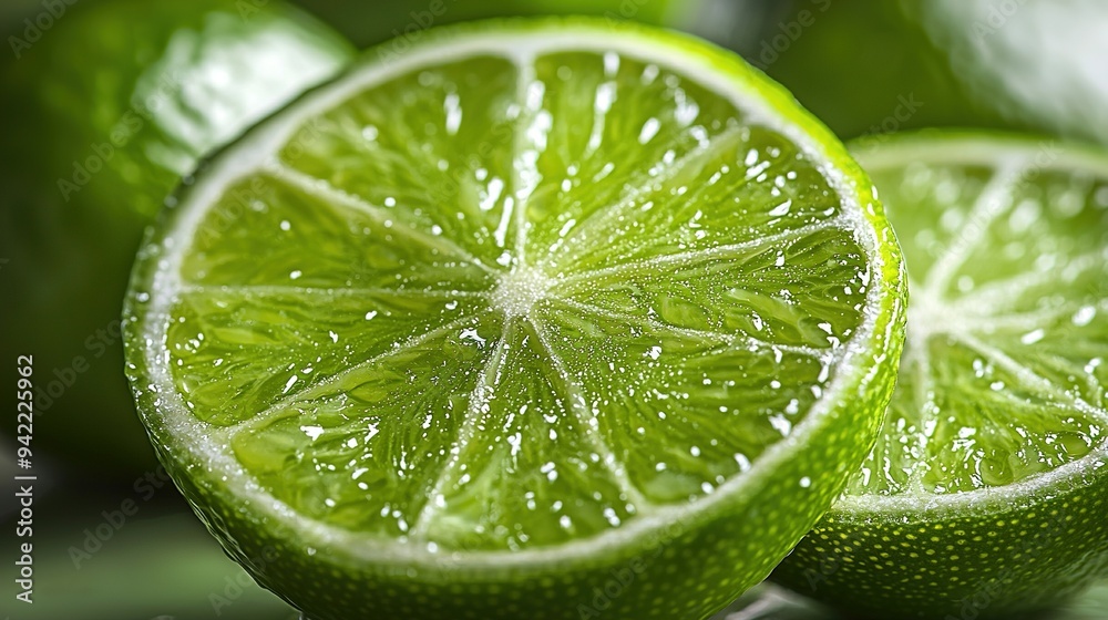 Close-up of a lime with water droplets on its petals and a slice of lime in the foreground Close-up of a lime with water droplets on its petals and a slice of lime in the foreground