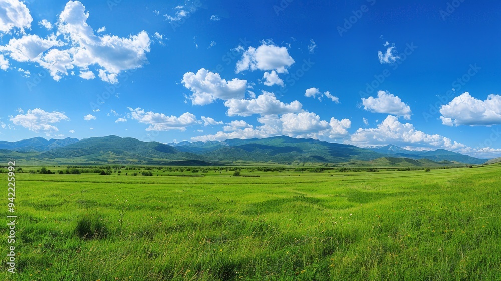 panoramic photo of green grassland with mountains on the background under blue skies panoramic photo of green grassland with mountains on the background under blue skies